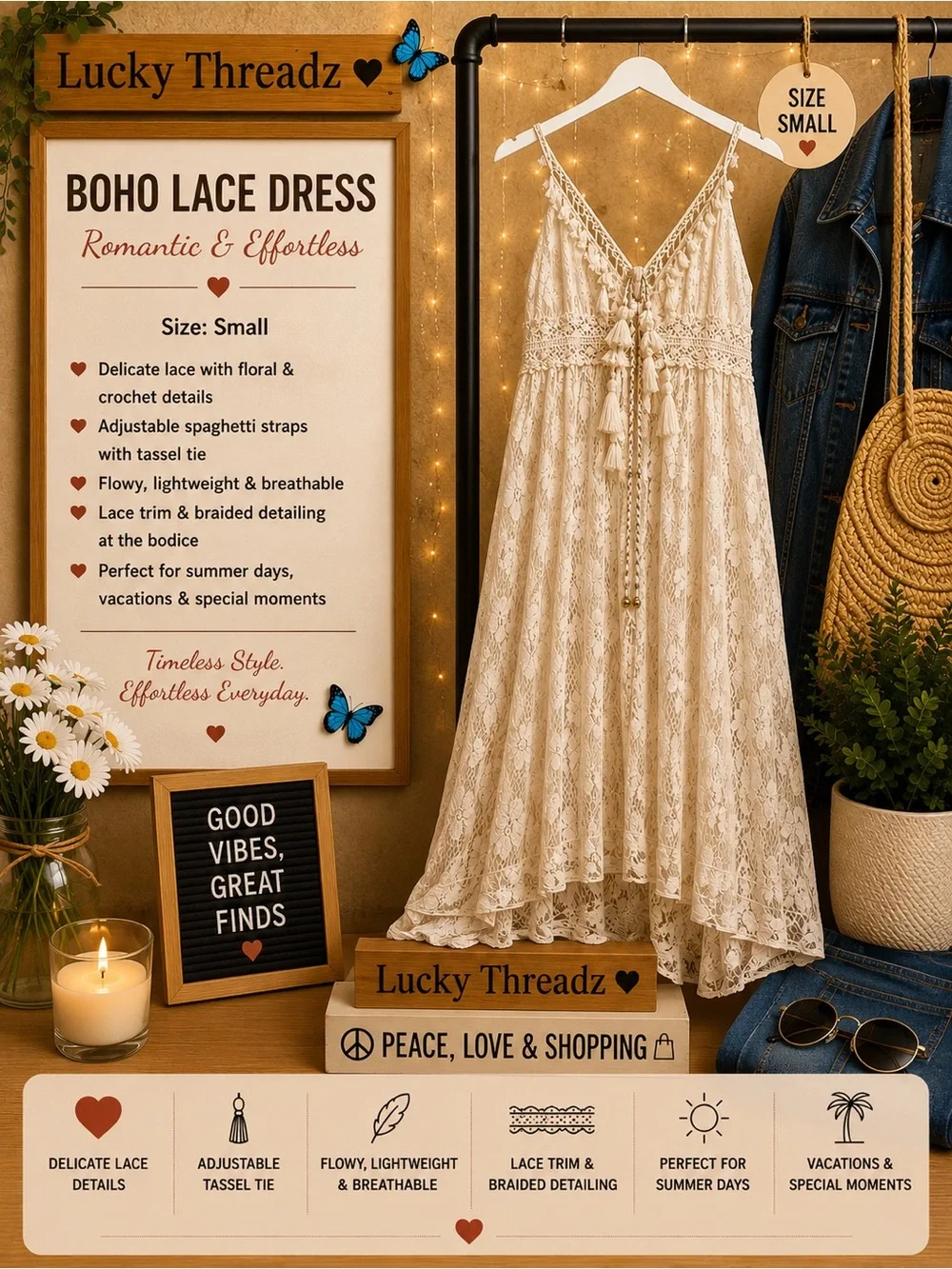 Boho Lace Spaghetti Strap Dress - Cream - Picture 1 of 8